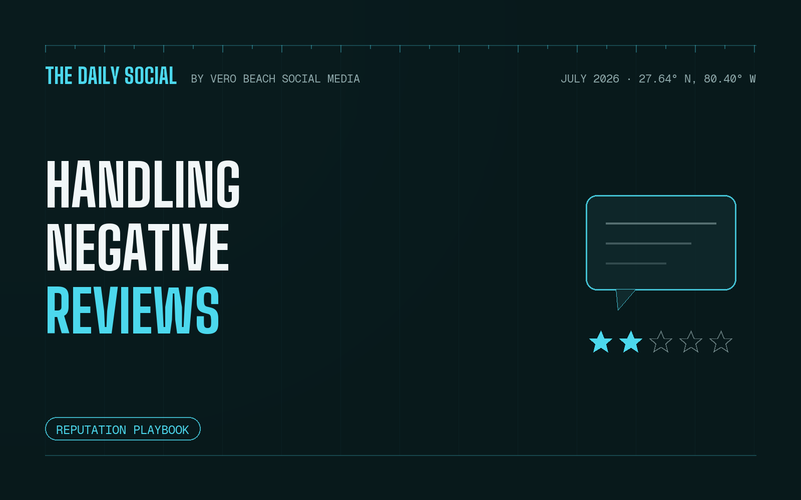 The Daily Social cover: handling negative reviews, with a review bubble and star rating