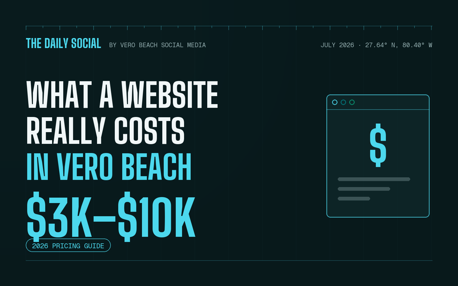 The Daily Social cover: what a website really costs in Vero Beach, $3,000 to $10,000, with a browser illustration